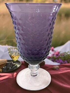 Hand Blown Amethyst Iced Tea Glass Goblet Art Clear Foot Bubble Texture Hobnail